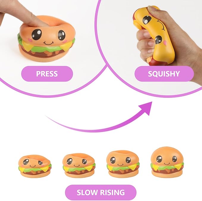 4 Pcs Slow Rising Food Toys for Kids, Kawaii Foam Squishy Toys in Dessert Bread Hot Dog Cake Stress Relief Squeeze Toy for Holiday Carnival Goodie Bag Stuffers