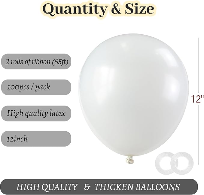 ASIYUHY White Balloons 100 Pack 12 Inch White Latex Party Balloons with 2 Rolls of Ribbon Helium Balloons for Wedding Birthday Party Baby Shower Engagement Anniversary Decorations