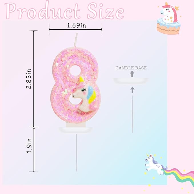 Birthday Candles - Number 8 Candle, 8th Birthday Decorations for Girl, Pink Unicorn Candles for Cake Topper, Cartoon Theme Party Supplies