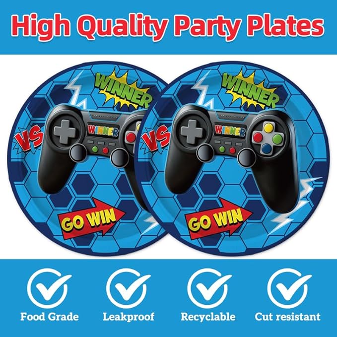 40Pcs Blue Video Game Birthday Party Plates and Napkins for 20 Guests Tableware Video Game Supplies for Kids Boys Baby Shower Birthday Party Decorations
