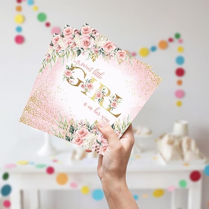 Girl Baby Shower Party Tableware Set 96 Pcs Pink Floral Sweet Baby Disposable Plates Napkins Forks A Sweet Little Girl is on Her Way Party Supplies for Girls Serve 24 Guests