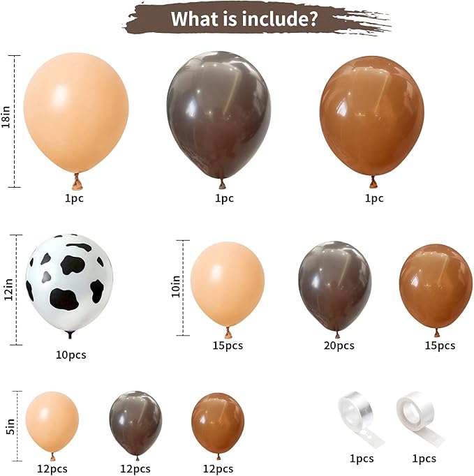 128 Pcs Cow Print Balloon Arch Kit, Brown Nude Tan Apricot Cow Balloon Arch Garland Kit Different Sizes, Latex Balloons Garland Kit for Farm Party Cowboy Party Dcorations Baby Shower Birthday Party