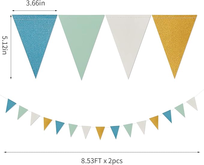Teal-Blue Mint Ivory-Gold Party-Decorations Banner,2 Pack Glitter Paper Triangle Pennant Flags Streamers,Birthday Wedding Engagement Bridal Baby Shower Bachelorette Decor Bunting Lasting Surprise