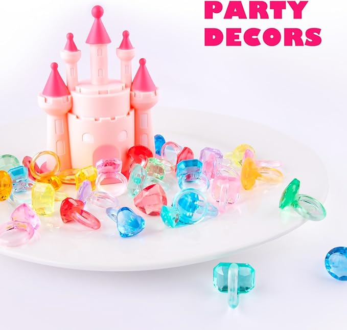Niceup 150pcs Kids Plastic Gem Rings Bulk Toys Princess Party Favor Cupcake Topper Pinata Fillers Parade Throws Bulk Carnival Prizes Acrylic Gemstones Fake Jewel Treasure Toys Goodie Bag Fillers