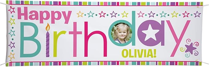 Let's Make Memories Personalized Birthday Banner - Kids Party Decorations - Custom Happy Birthday Banner - Indoor/Outdoor Vinyl - Any Text and Photo - Pink Multi - 6ft