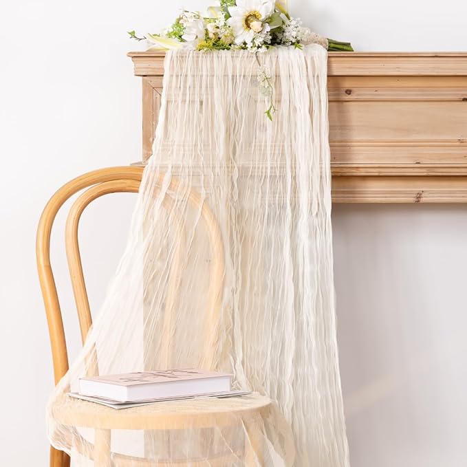 Socomi Ivory Cheesecloth Table Runner Tulle Gauze Cheese clothBoho Rustic 120 inch 10FT Runner for Wedding Party Baby Shower Birthday Holiday Decorations 3pcs