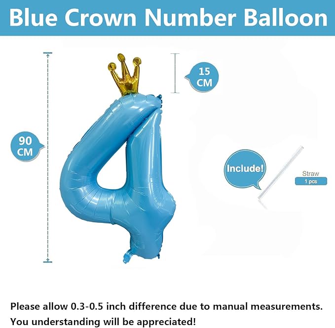Blue Number 4 Balloon with Crown, 40 inch Blue Number Balloon 4th Birthday Party Decoration BlueCrown Balloons 0-9 for Birthday Party Anniversary Decorations Supplies