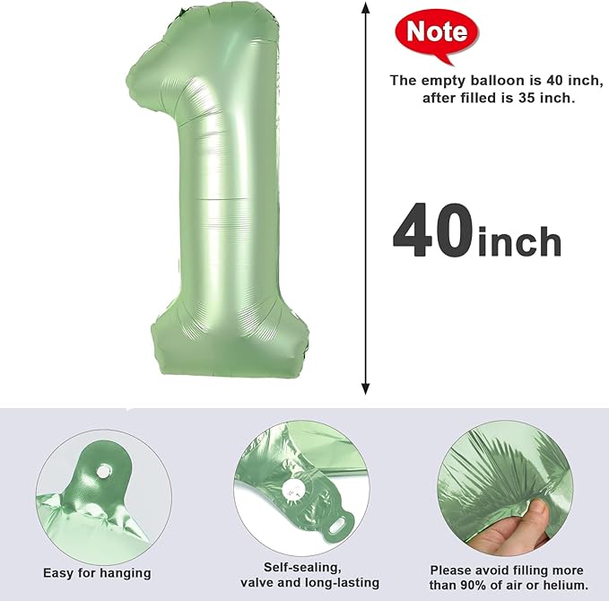 Number Balloons 1, 40 Inch One Balloons for 1st Birthday Girl Boy 1 11 21 Party Decorations Baby Shower Photo Shoot, Olive Green 1 Balloon