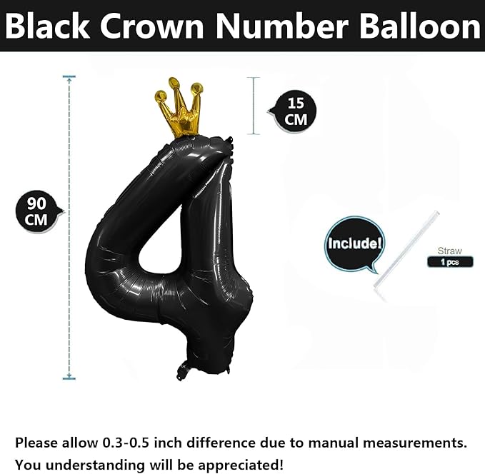 Black Number 4 Balloon with Crown, 40 inch Black Number Balloon 4th Birthday Party Decoration Black Crown Balloons 0-9 for Birthday Party Anniversary Decorations Supplies