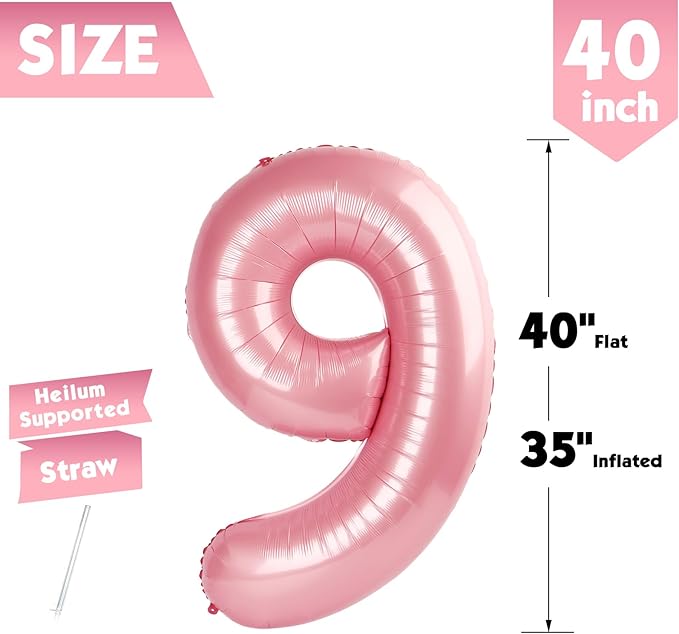 40 Inch Pearlescent Pink Number 9 Balloon, Giant 9 Number Balloons for 9th Birthday Decorations, Party Supplies for Baby Boy Girl, Pearlescent Pink Party Decor