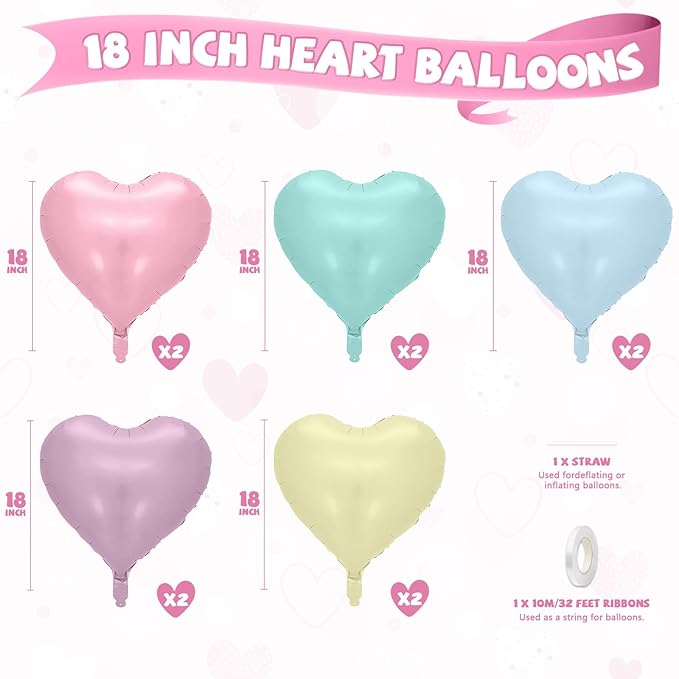 Pastel Heart Balloons, 10 Pcs Macaron Heart Shape Balloon, 18 Inch Pastel Pink Purple Teal Blue Yellow Foil Valentines Balloons for Kids Candy Birthday Wedding Baby Shower Easter Party Decorations