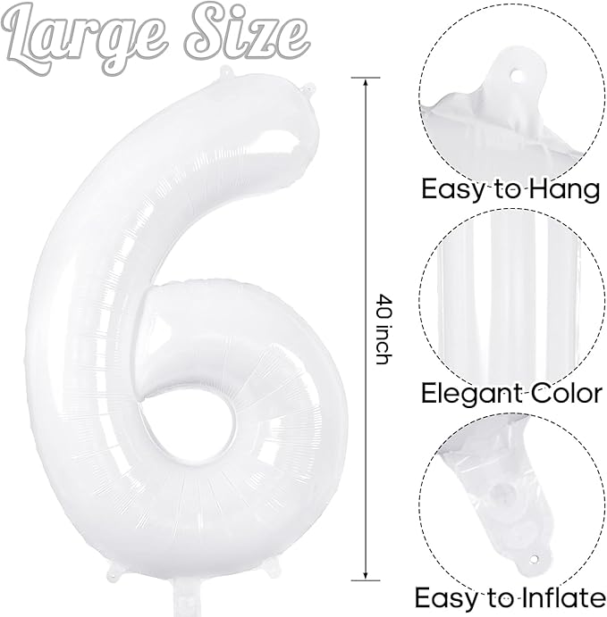 White Number Balloons 40 Inch Helium Mylar Number 6 Balloon for Birthday Party Anniversary Decoration (White, 6)