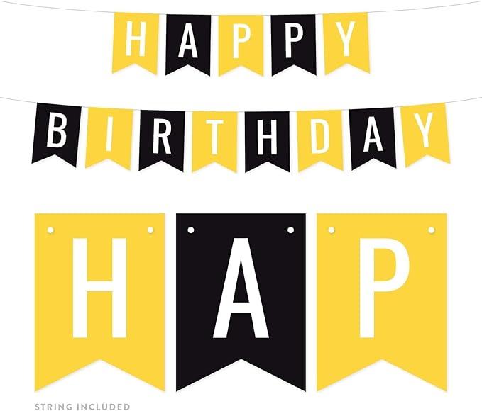 Andaz Press Hanging Pennant Banner Party Decorations, Yellow, Black, Happy Birthday, 1-Pack, Approx. 5-Feet, Bumblebee Bee Construction Themed Decor
