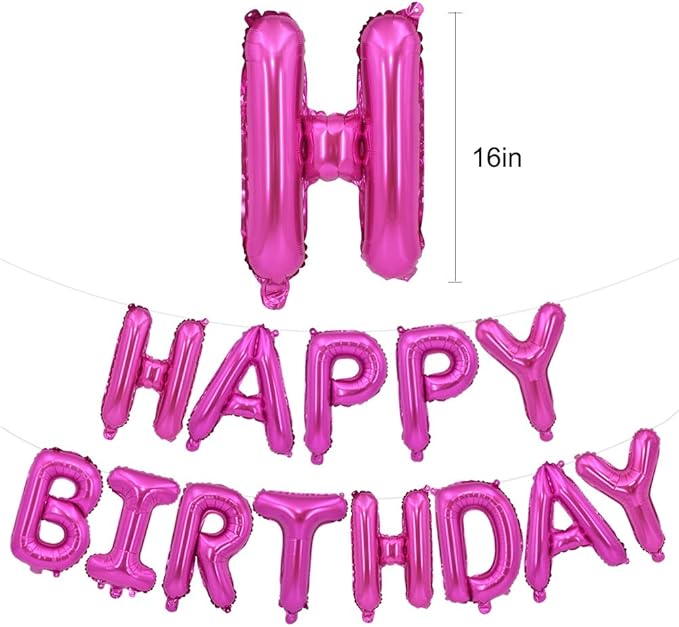 TONIFUL Hot Pink Happy Birthday Balloons Banner, 16 Inch Mylar Foil Letters Birthday Sign Bunting Reusable for Girls Boys Kids & Adults Birthday Decorations and Party Supplies