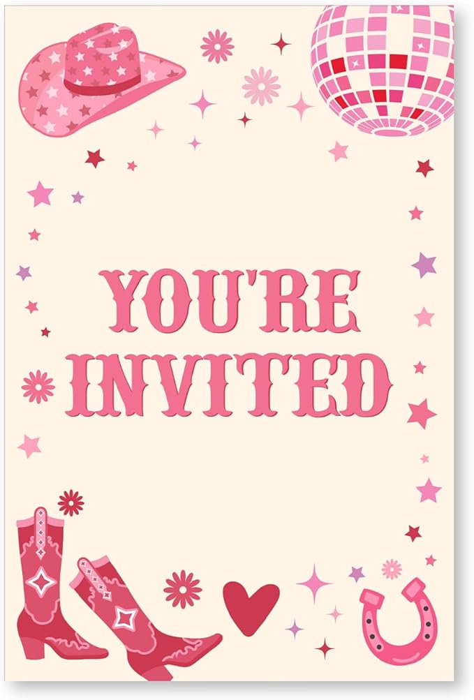 Soiceu Pink Disco Cowgirl Birthday Party Invitations with Envelopes Set of 20 Retro Cowgirl Birthday Party Invites
