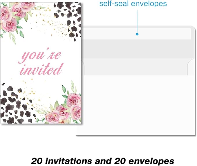 Soiceu Floral Holy Cow I'm One 1st Birthday Party Invitations with Envelopes Set of 20 Pink Farm Cow Girl 1 Year Old First Birthday Party Invites