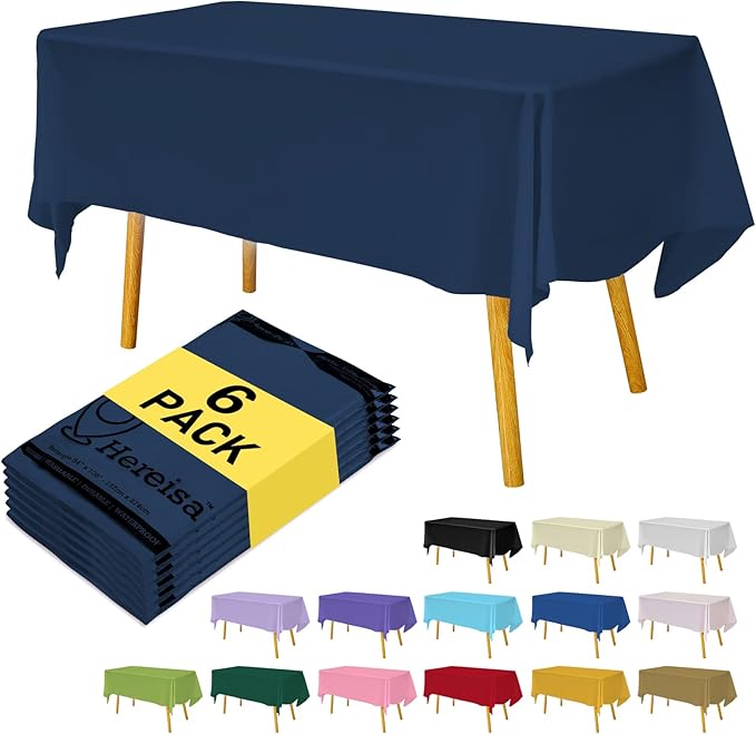 Navy Blue 6 Pack Plastic Table Cloth 54" x 108", Disposable Tablecloths Rectangle Table Cover, Plastic Table Cloths for Parties