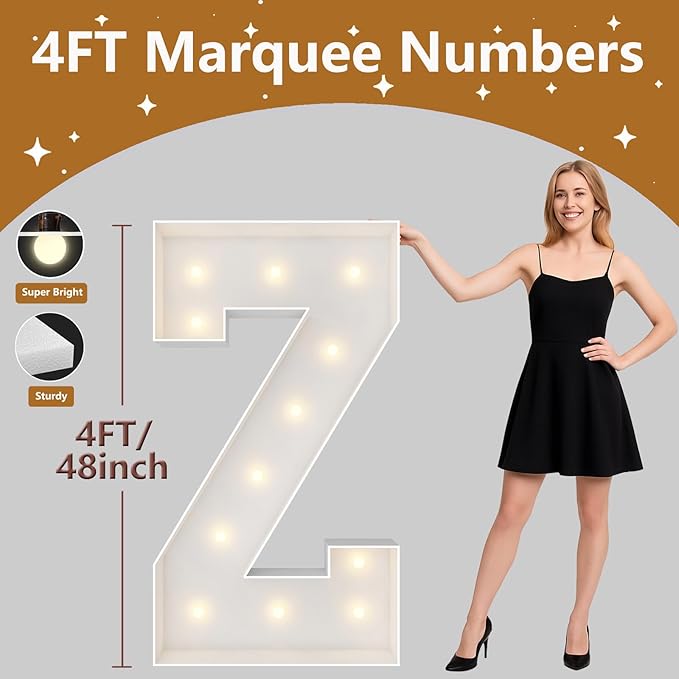 4FT Marquee Light Up Letters, Large Marquee Letters, Pre-cut Foam Board Letter Z for Engagement Wedding Decorations Birthday Party Backdrop Decor, Balloon Arch Kit