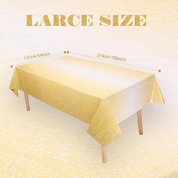 Kesfey 3 Packs Ombre Gold Plastic Tablecloth 54 x 108 Inch Gradient Pastel Gold Sequin Table Cloths Rectangle Disposable Waterproof Yellow Sprinkle Glitter Table Covers for Birthday Party Decorations