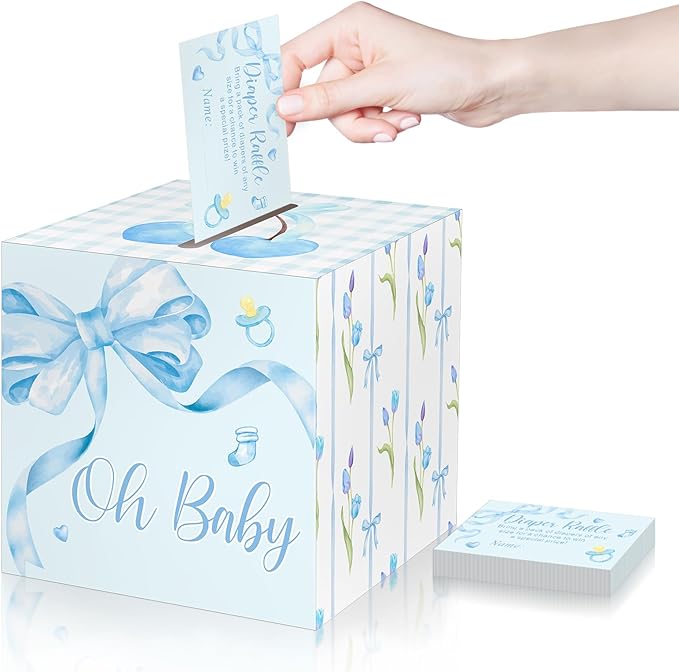 Funrous 51 Diaper Raffle Tickets with Box for Baby Shower Game Invitations Diaper Raffle Card for Gender Reveal Baby Shower Party Decoration Table Centerpiece(Blue Color)