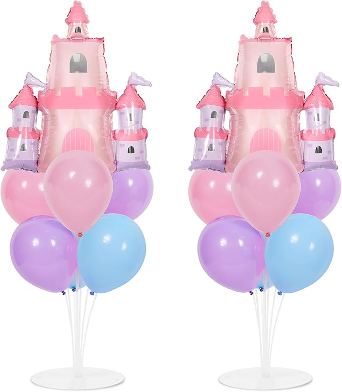 Princess Party Balloons Stand Kit 2 Sets with 2 Princess Castle Foil Balloons Pastel Blue Pink Purple Themed Party Balloon Centerpiece for Tables for Girls Baby Shower Fairytales Birthday Decorations