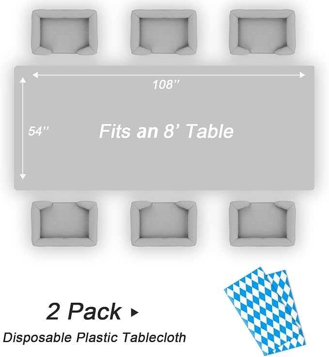 QIKSION Oktoberfest Tablecloth 2 Pack, 54 x 108 Inch Plastic Table Cloth Disposable, Oktoberfest Decorations Party Supplies