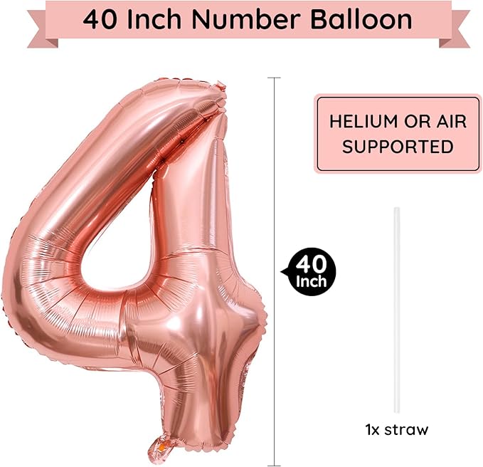 40 Inch Rose Gold Number Balloon 4, Large Number Foil Balloons Mylar for Girl Boy Birthday Party Celebration Decorations Supplies, Digital Balloons for Wedding Anniversary Events Decorations