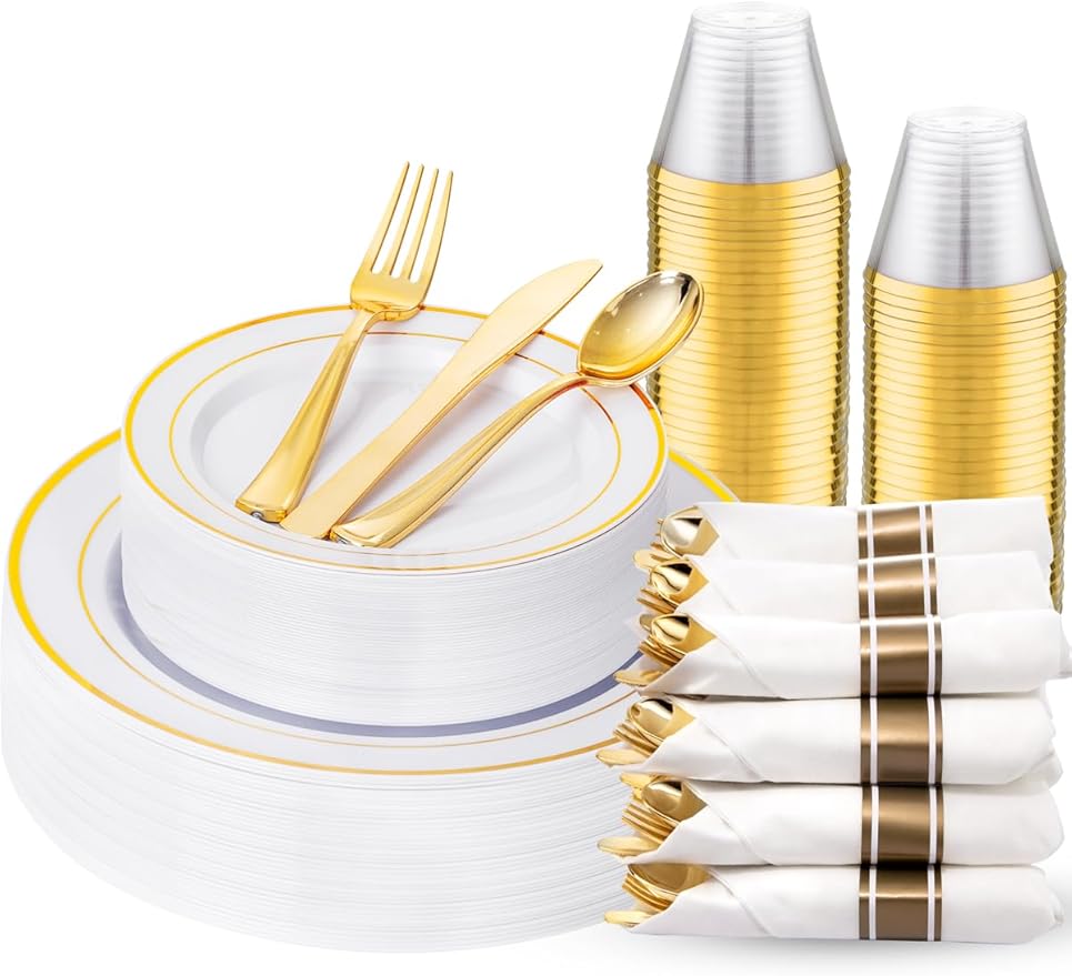 175PCS White and Gold Plastic Plates - Gold Plates with Rolled Napkins for Party - 25Guest Disposable Dinnerware Sets for Wedding Baby Shower Spring Birthday