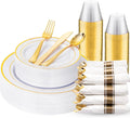 175PCS White and Gold Plastic Plates - Gold Plates with Rolled Napkins for Party - 25Guest Disposable Dinnerware Sets for Wedding Baby Shower Spring Birthday