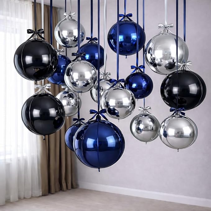 Togvu Black Blue Silver Round Balloons, 15PCS Different Sizes 4D Metallic Foil Balloon Large Sphere Mirror Ball Balloons for Prom Graduation New Year Birthday Party Ceiling Decorations Supplies