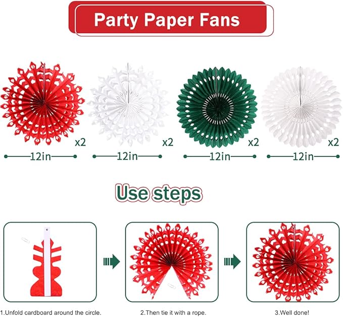 Christmas Party Decorations, Merry Christmas Banner Honeycomb Santa Hats Trees Hanging Snowflakes Paper Fans for Xmas Party Eve Holiday Home Decor