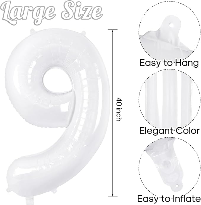 White Number Balloons 40 Inch Helium Mylar Number 9 Balloon for Birthday Party Anniversary Decoration (White, 9)