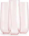 24 Pcak Champagne Flutes Plastic, 9 Oz Disposable Stemless Mimosa Toasting Glasses, Clear Crystal Plastic Cocktail Cups for Party Wedding Birthday (Pink)