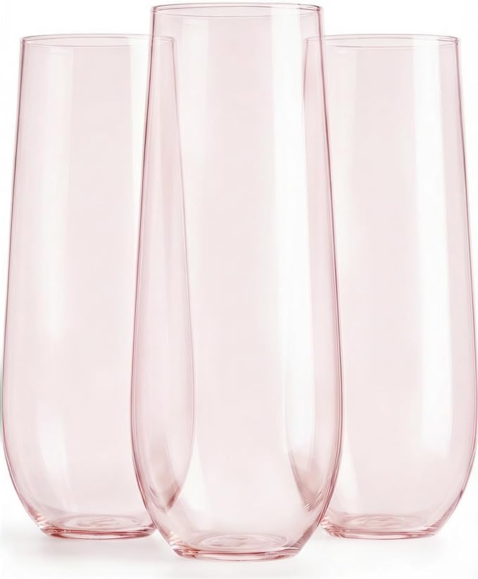 24 Pcak Champagne Flutes Plastic, 9 Oz Disposable Stemless Mimosa Toasting Glasses, Clear Crystal Plastic Cocktail Cups for Party Wedding Birthday (Pink)