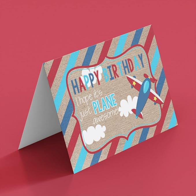 Plane Awesome Airplane Birthday Pun Themed Single (1) All Occasion Blank Birthday Card To Send To Friends & Family, 4"x 6" (when folded) Fill In Greeting Note Card by AmandaCreation