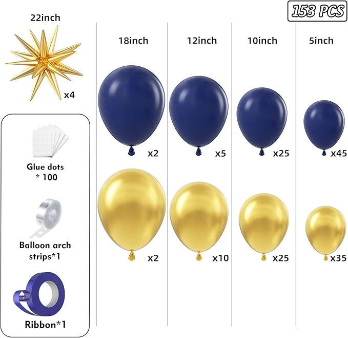 Navy Blue Balloon Arch Garland Kit 153pcs with Star, 22 18 12 10 5in Different Size Navy Blue Metallic Gold Latex Balloons Arch Kit for Graduation Birthday Anniversary Party Decorations