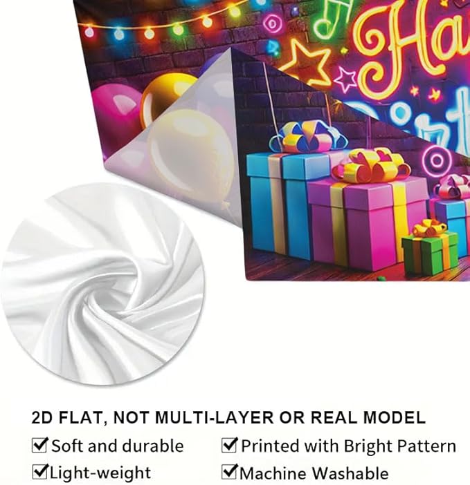 Happy Birthday Banner Backdrop, 71x43 In,Neon Music Theme Birthday Party Decorations with Balloons Cake Gifts, Colorful Brick Wall Background for Boys Girls Kids Birthday Photo Booth Supplies