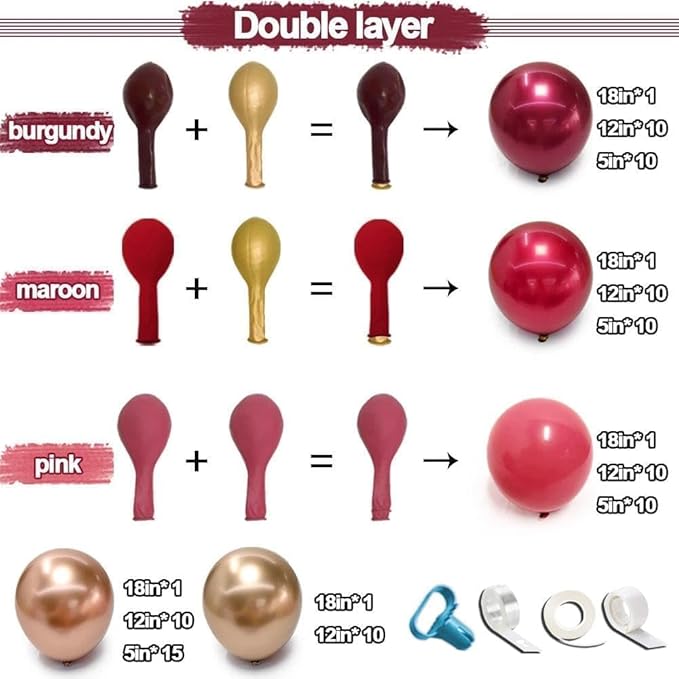 Burgundy Pink Balloon Arch Double Stuffed Maroon Gold Balloons Dark Red Pink Gold Balloon Garland Kit for Valentine Birthday Bridal Shower Wedding Party Decoration