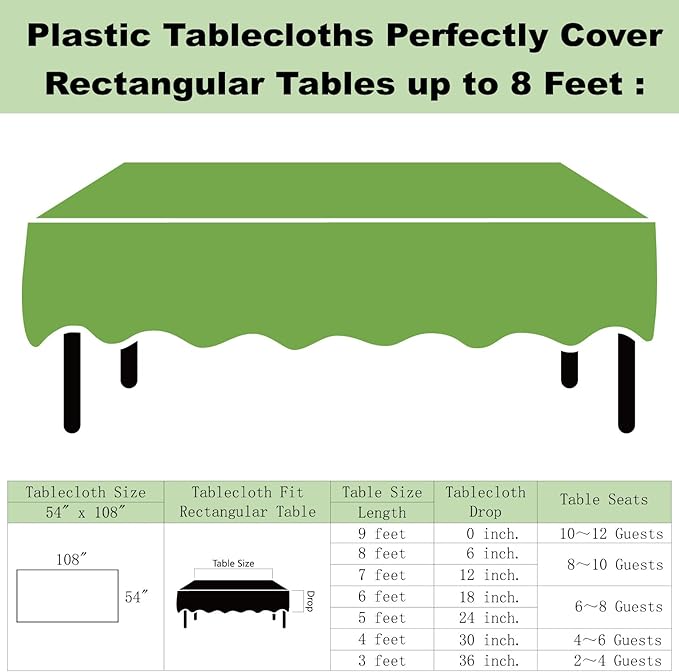Plastic Lime Green Tablecloths 3 Pack Emerald Green Disposable Table Covers 54" x 108" Sage Green Table Cloths for Jungle Safari Dino Parties Birthdays Weddings, Fits 6 to 8 Foot Rectangle Tables