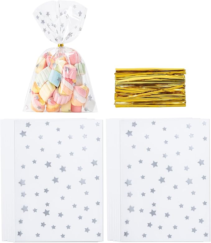 Aegero 120 Pack Star Printed 5"X 7" Gift Wrap Cello Cellophane Treat Bags,Gift Candy Goodies Bags with 140 Pcs Twists for Valentine,Birthday,Bakery,Wedding,Gift Cookie Snack Packing,Party Favor Supplies(Gold )