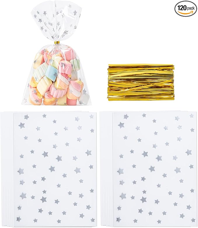Aegero 120 Pack Star Printed 5"X 7" Gift Wrap Cello Cellophane Treat Bags,Gift Candy Goodies Bags with 140 Pcs Twists for Valentine,Birthday,Bakery,Wedding,Gift Cookie Snack Packing,Party Favor Supplies(Silver Star)
