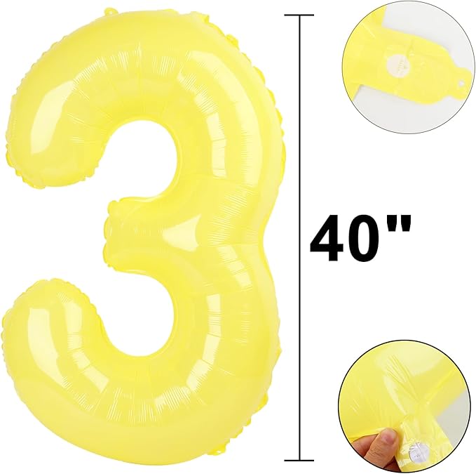 40 Inch Macaron Yellow Balloon Number 3 Balloon,Number Balloons Big Giant Jumbo Number 3 Foil Mylar Balloons for 13th Birthday Party Anniversary Events,Wedding Anniversary Party Decorations