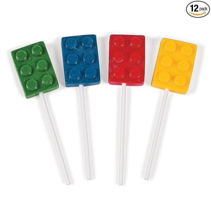 Fun Express Brick Party Building Block Suckers Lollipops Bulk - 12 Pack Individually Wrapped Candy Variety Pack for Kids Party Favors, Birthday Goodie Bags, Pinata Stuffers & Lego Themed Celebrations