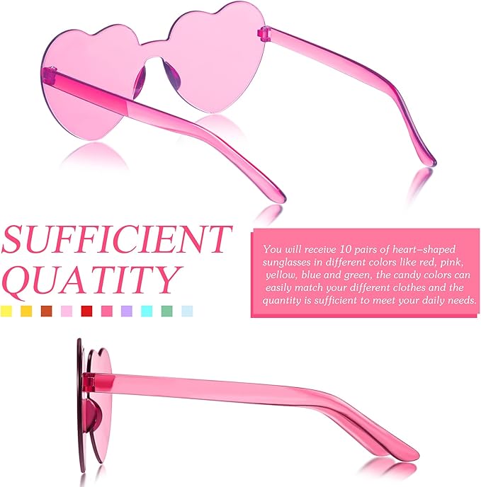 TOODOO 10 Pairs Heart Shaped Sunglasses Rainbow Sunglasses Candy Color Rimless Glasses for Women Girl Party Favor