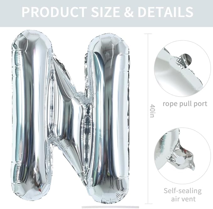 TONIFUL 40 Inch Large Silver Letter N Balloons Foil Mylar Big Letter Ballons for 2026 New Year Eve Graduation Wedding Baby Shower Birthday Party Anniversary Supplies Decorations