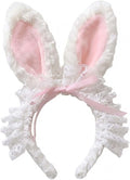 Blync Easter Bunny Ears Headband, Lace Curly Rabbit Hair Accessories, Pink Bow Hairband for Party, Photos, Cosplay