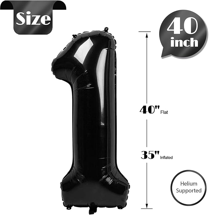 Black Number 1 Balloon 40 Inch, 1st Birthday Balloon for Baby Boy Girl Toddler First Birthday Decorations, Shiny Black Party Supplies