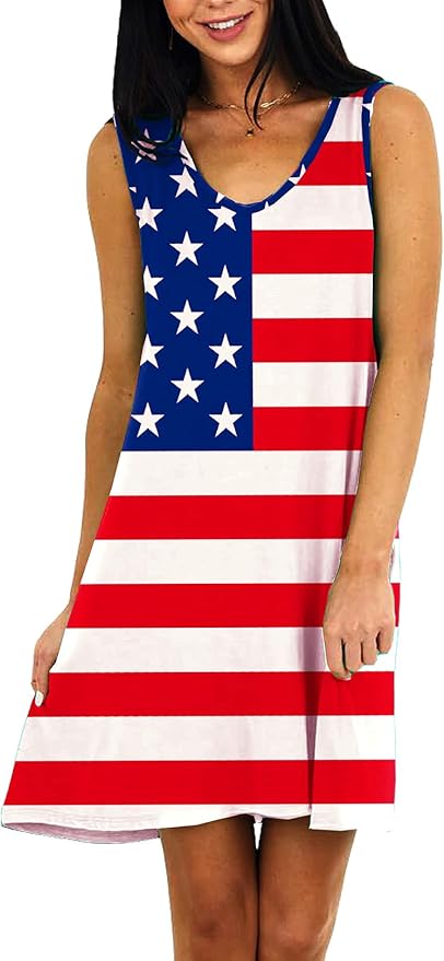 Deerose Women 4th of July Sleeeveless Dress Patriotic V Neck Tank Dresses with Pockets