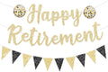 Pre Strung Happy Retirement Banner Party Decorations Gold Black Glitter Sign Bunting for Men & Women NO DIY