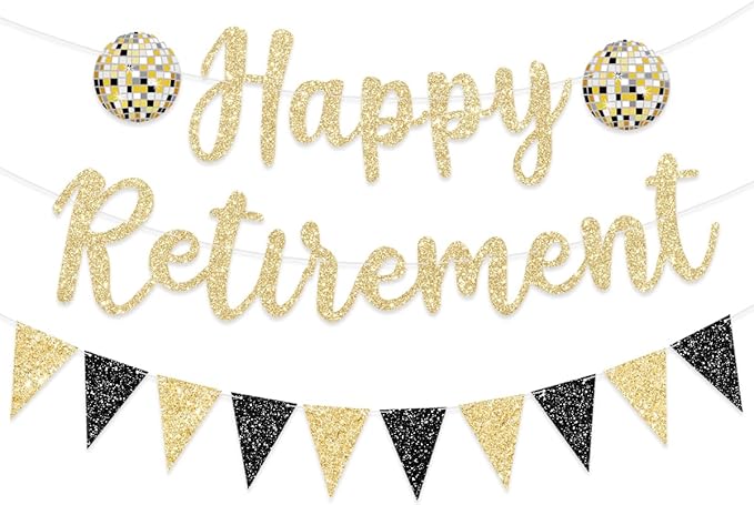 Pre Strung Happy Retirement Banner Party Decorations Gold Black Glitter Sign Bunting for Men & Women NO DIY